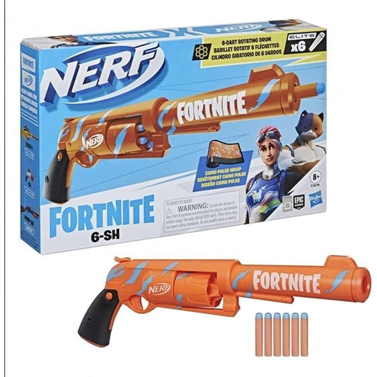 Nerf Fortnite 6-SH Blaster-Camo Pulse Wrap, Hammer Action Priming, Drum, 6 Elite Darts