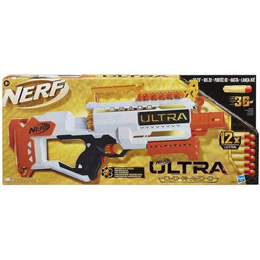 Nerf Ultra Dorado motorisierter Blaster, Goldakzente, schnelles Laden von hinten, 12 Nerf Ultra Darts, nur mit Nerf Ultra Darts kompatibel