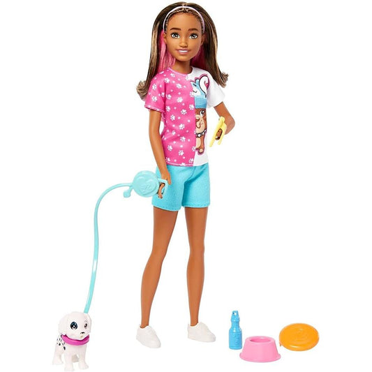 Barbie HKD77 - Skipper-Puppe und Hundesitter Spielset mit Hündchen und 5 Zubehörteilen